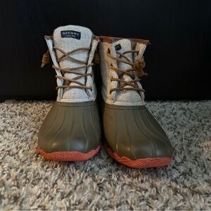 Sperry Olive and Tan Duck Boots